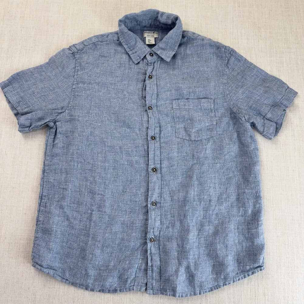 Caribbean Joe Mens Blue 100% Linen Short Sleeve Button Down Shirt Size‎ Large